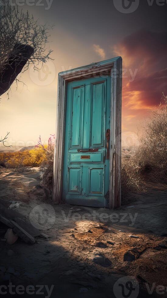 Fantasy enchanted fairy tale forest with a magical opening secret wooden door.The fairytale blue door with fairytale in paradise. . photo