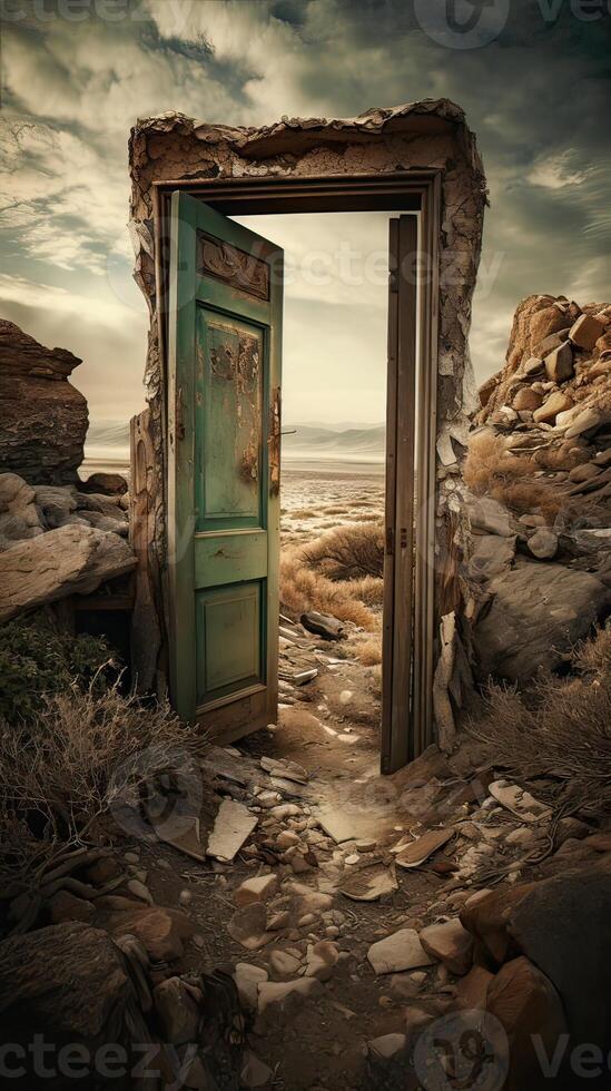 Fantasy enchanted fairy tale forest with a magical opening secret wooden door.The fairytale blue door with fairytale in paradise. . photo