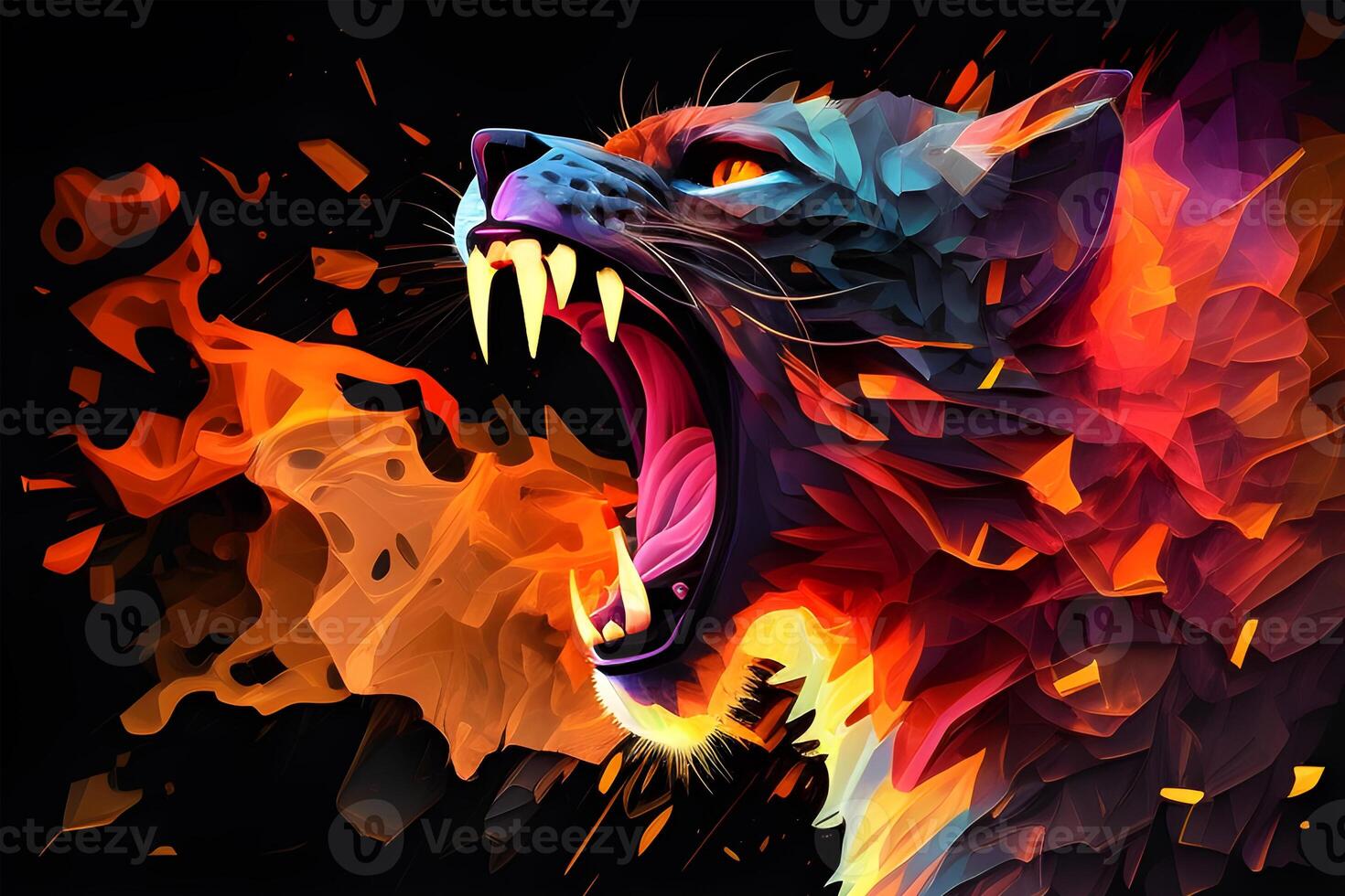 Abstract colorful polygon tiger roaring red burning face for flyer, book cover, and poster. Illustration design by . photo