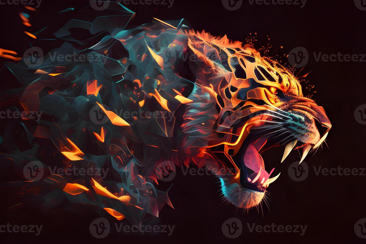 Abstract colorful polygon tiger roaring red burning face for flyer, book cover, and poster. Illustration design by . photo