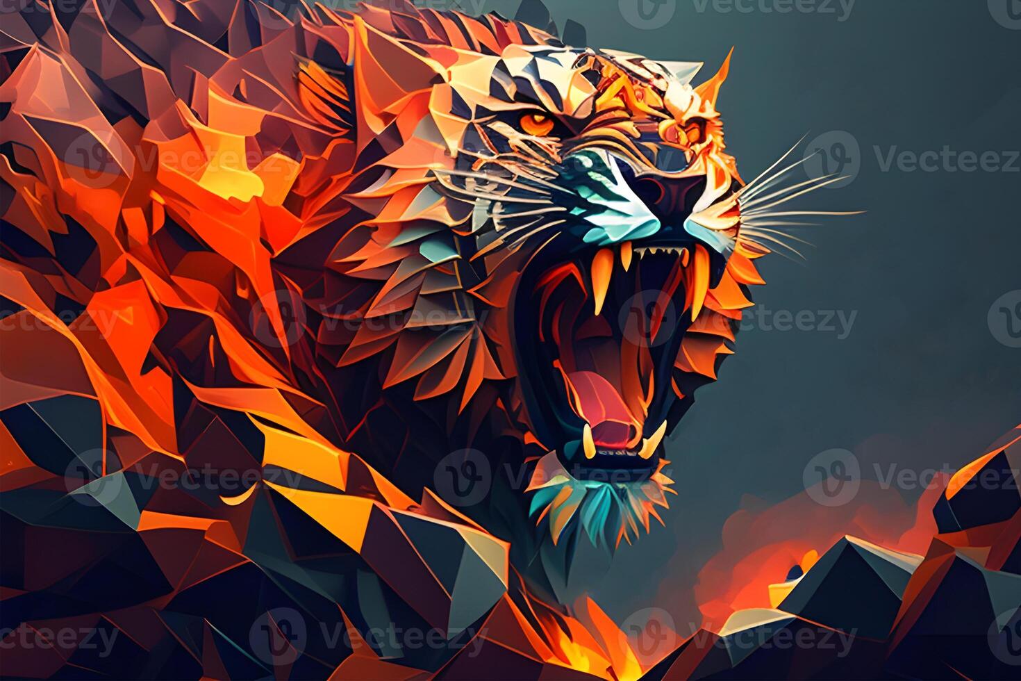 Abstract colorful polygon tiger roaring red burning face for flyer, book cover, and poster. Illustration design by . photo