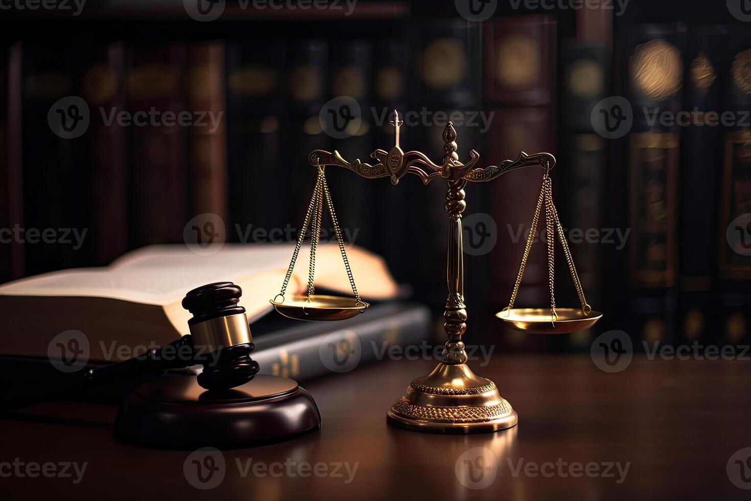 Judge gavel with Justice lawyers having team meeting at law firm in background. Concepts of law. photo