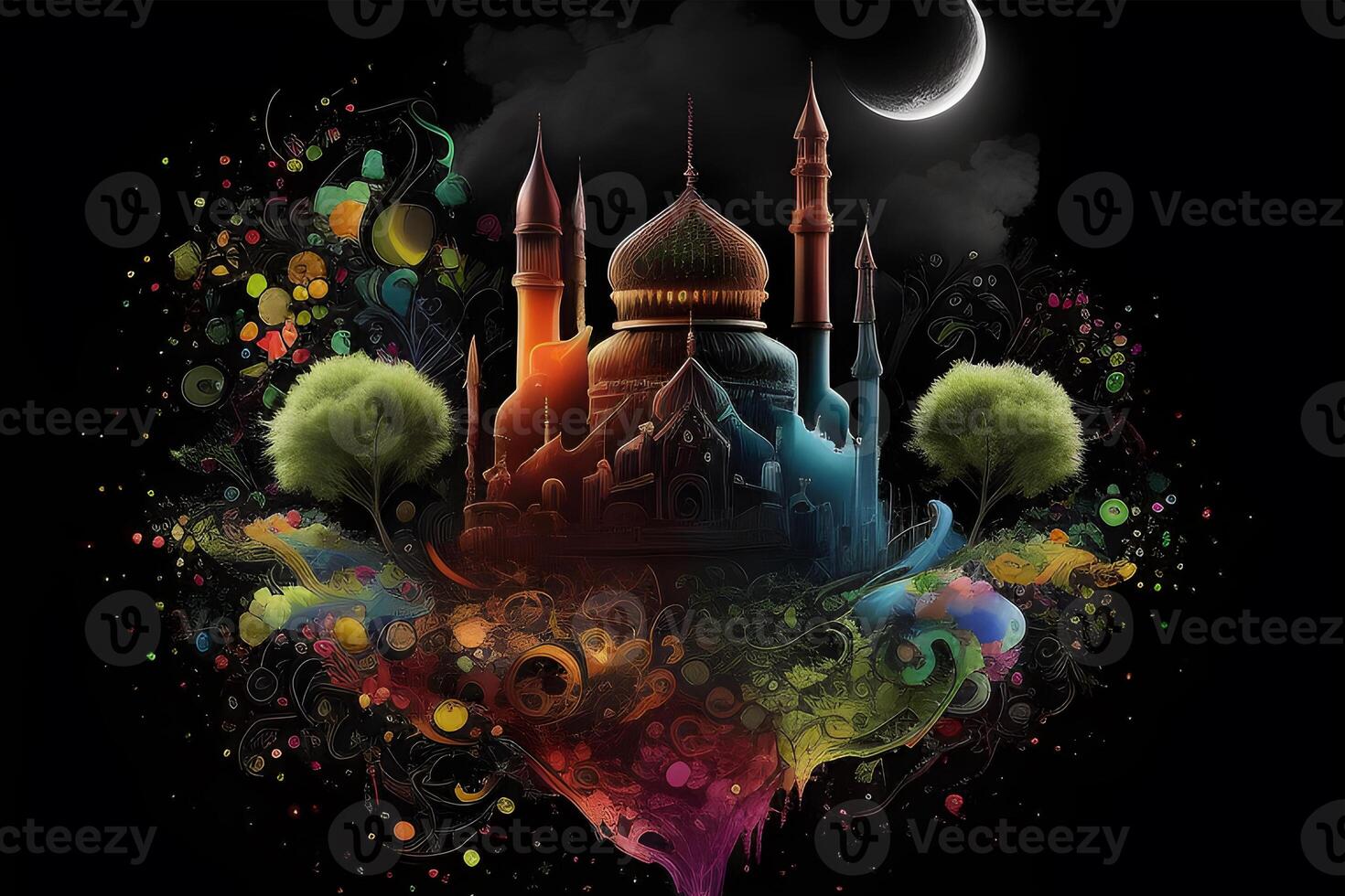 Eid Mubarak greeting fantasy card design with 3d render mosque. Illustration design by . photo
