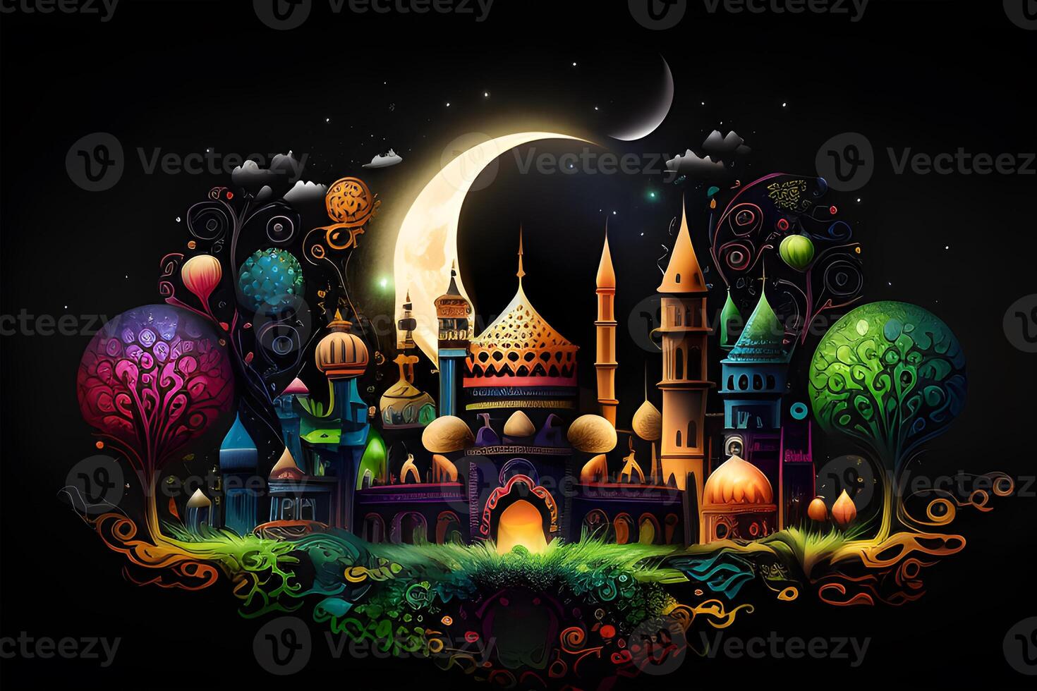 Eid Mubarak greeting fantasy card design with 3d render mosque. Illustration design by . photo