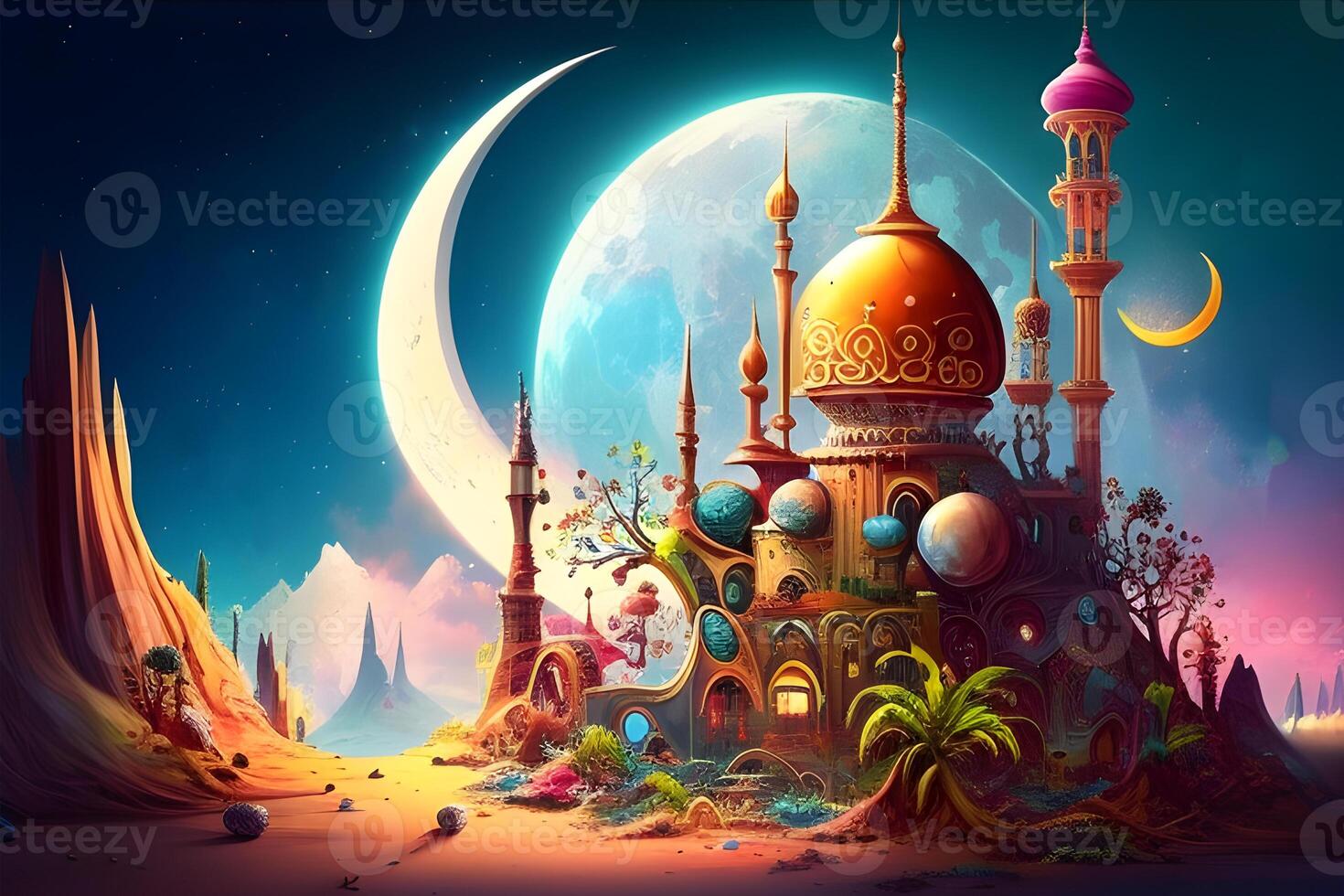 Eid Mubarak greeting fantasy card design with 3d render mosque. Illustration design by . photo