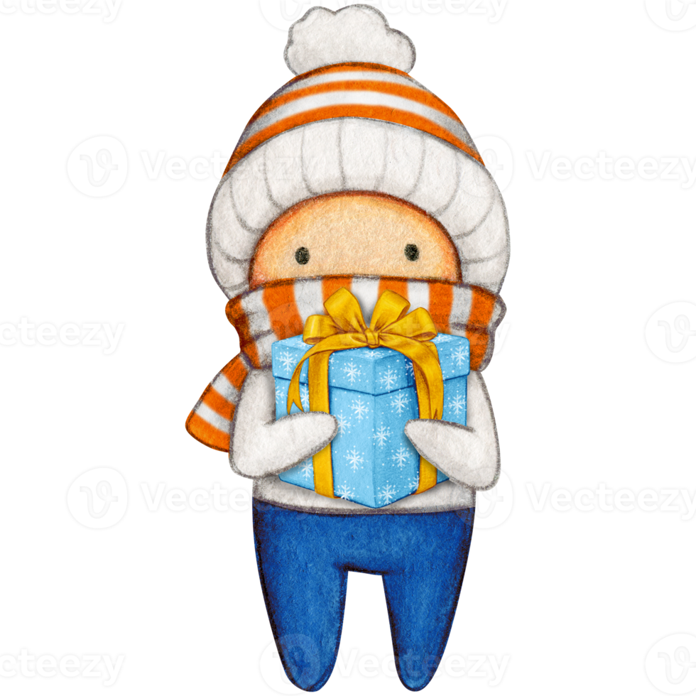 Watercolor hand drawn cute winter character png