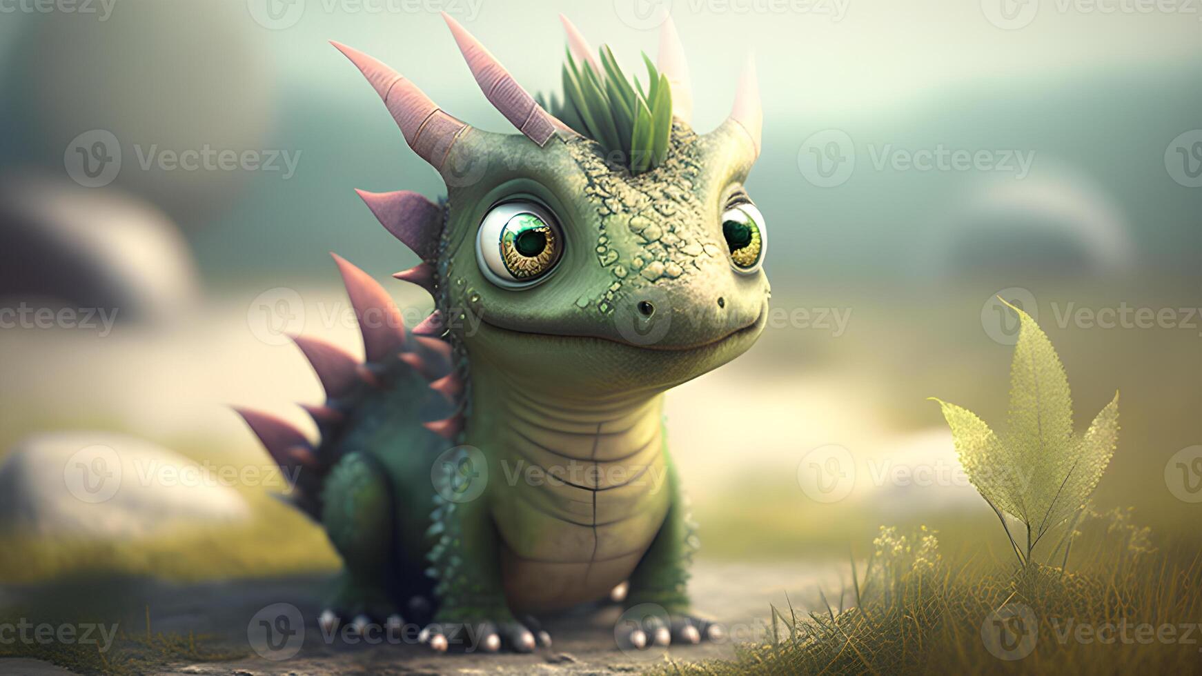 3d render illustration of a cute small dinosaur with a green earth globe. . photo