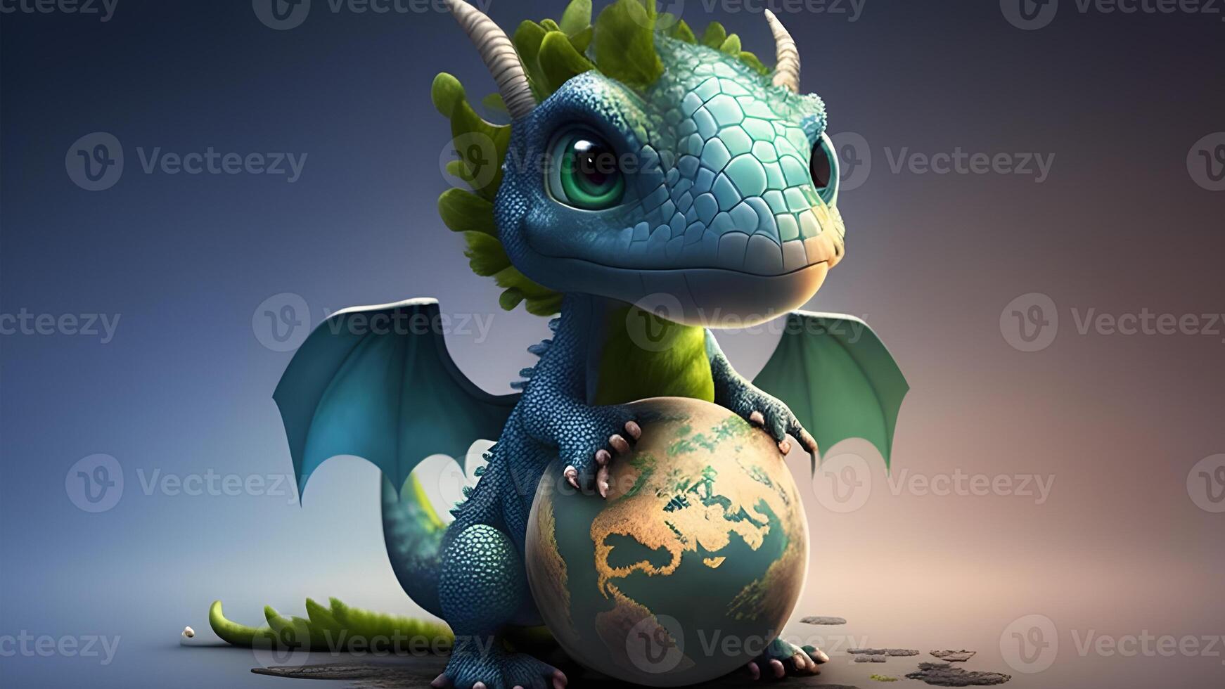 3d render illustration of a cute small dinosaur with a green earth globe. . photo