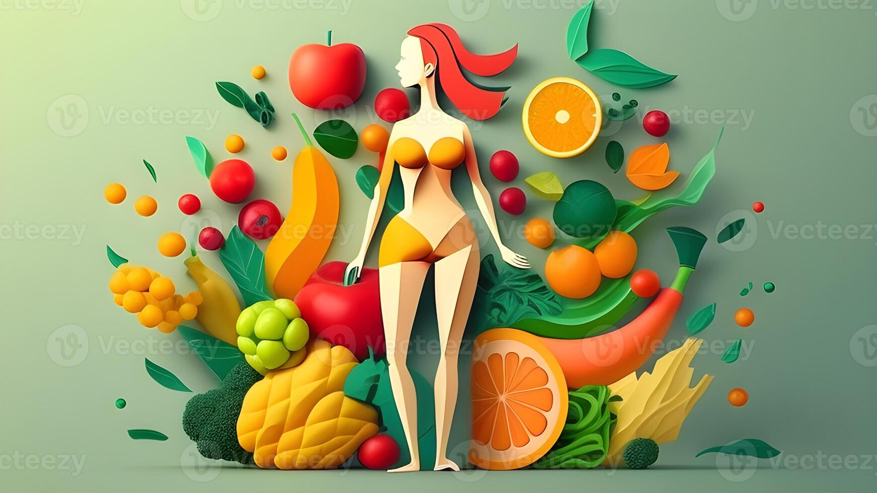 girl body with colorful natural food and fruits. . photo