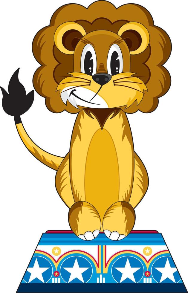Cute Cartoon Lion on Circus Podium - King of the Jungle Character vector