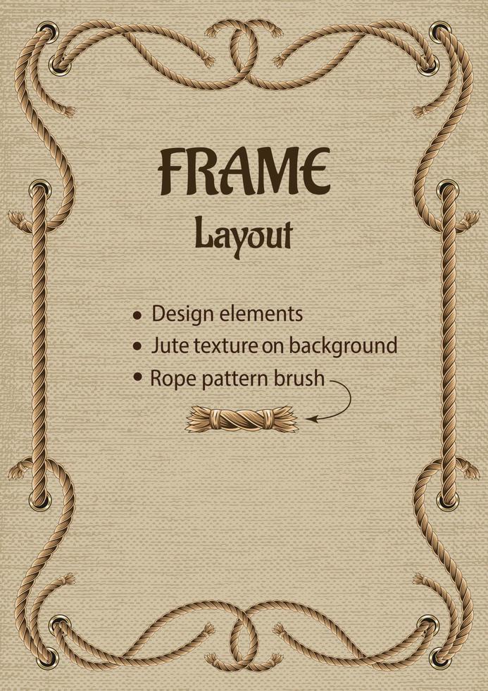 Vintage frame with set of design elements. Rope pattern brush, beige jute textile texture behind. Vintage style. Modifiable template for menu, poster, invitation etc vector