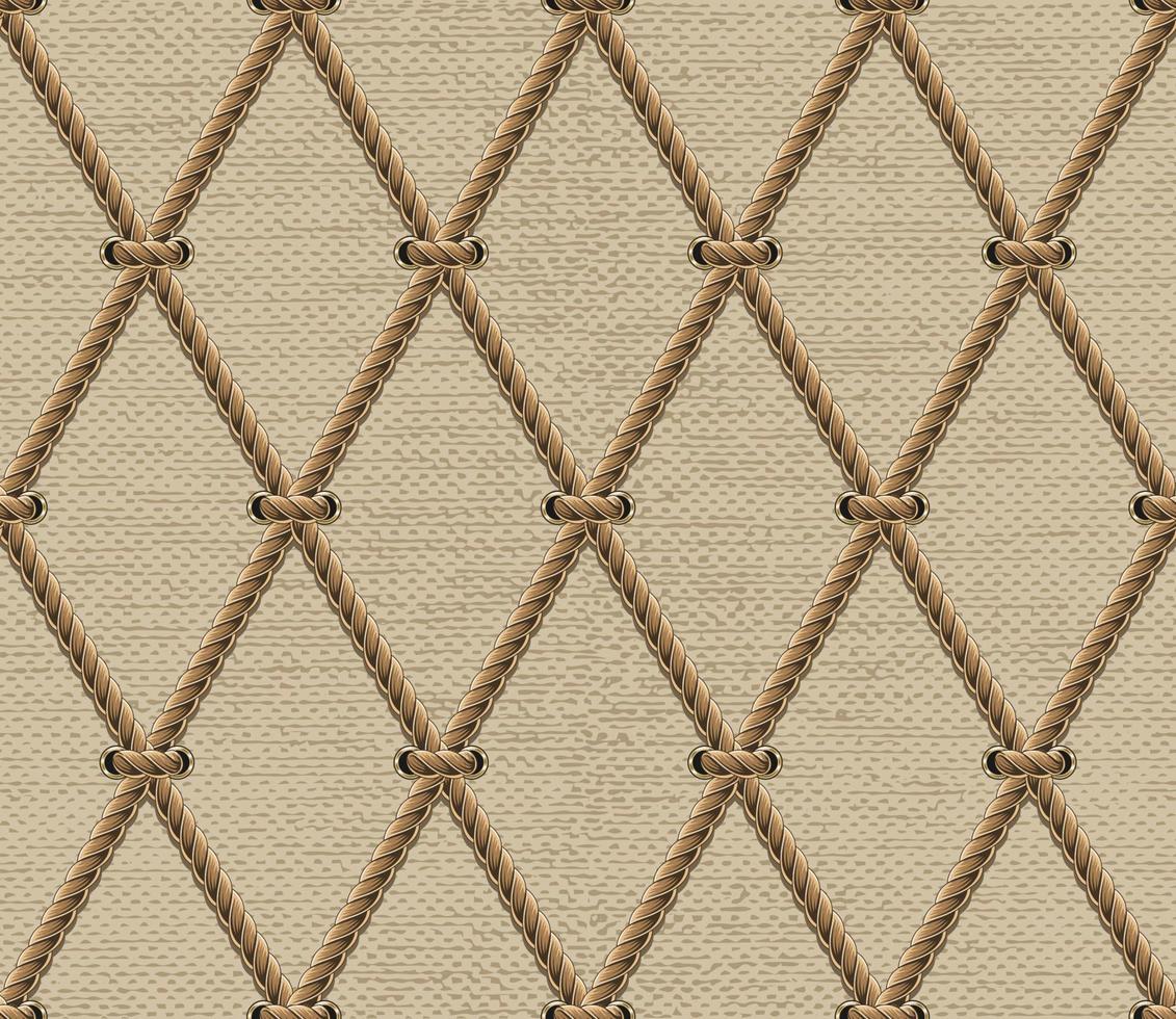 Seamless geometric pattern with net made of hemp rope, texture of jute fabric behind. Rhombus grid. Vintage style. vector