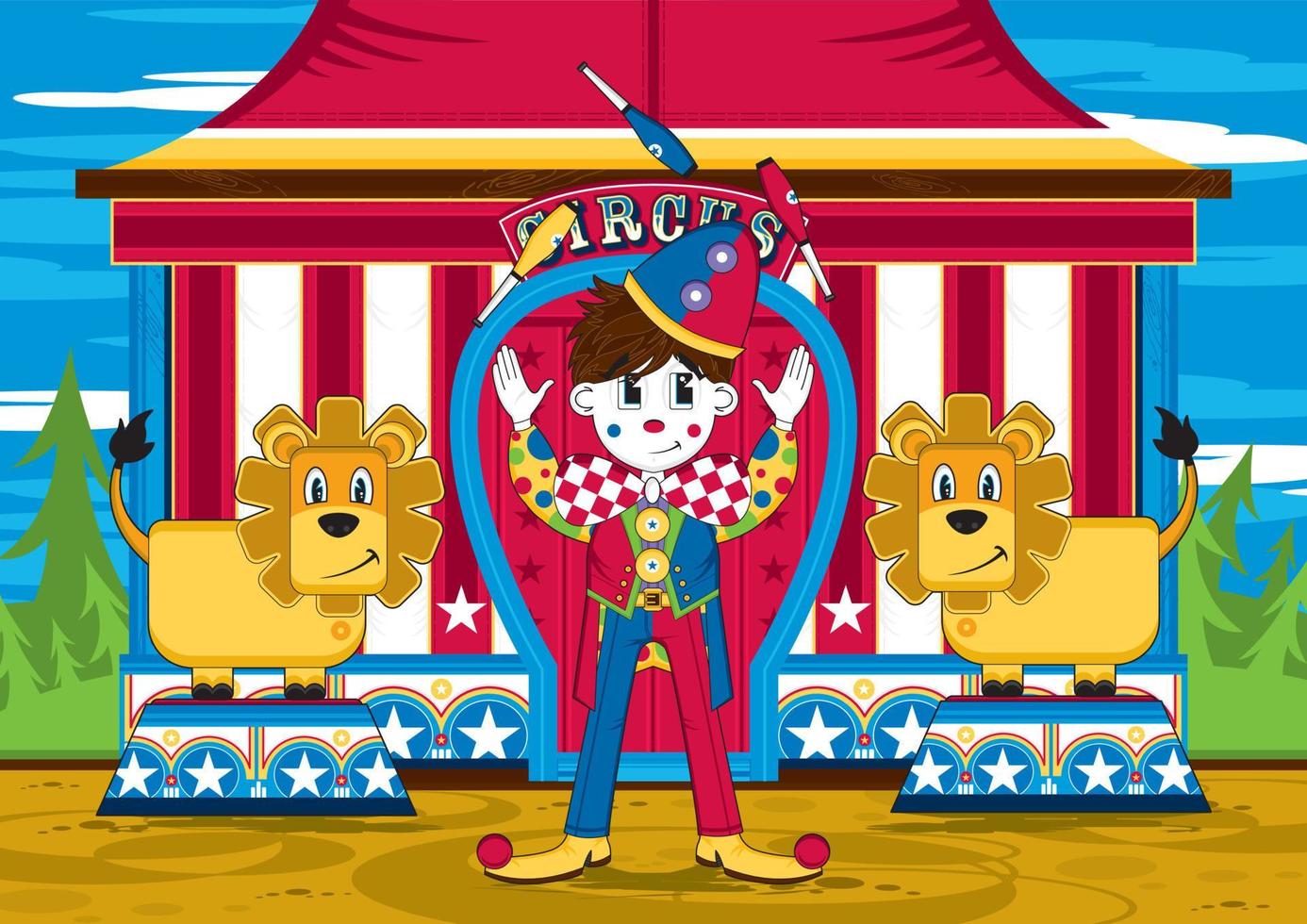 linda dibujos animados grande parte superior circo payaso y leones vector