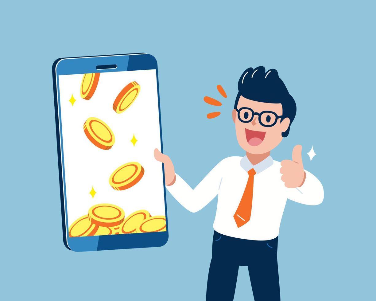 Vector illustration business concept businessman with smartphone earnings money