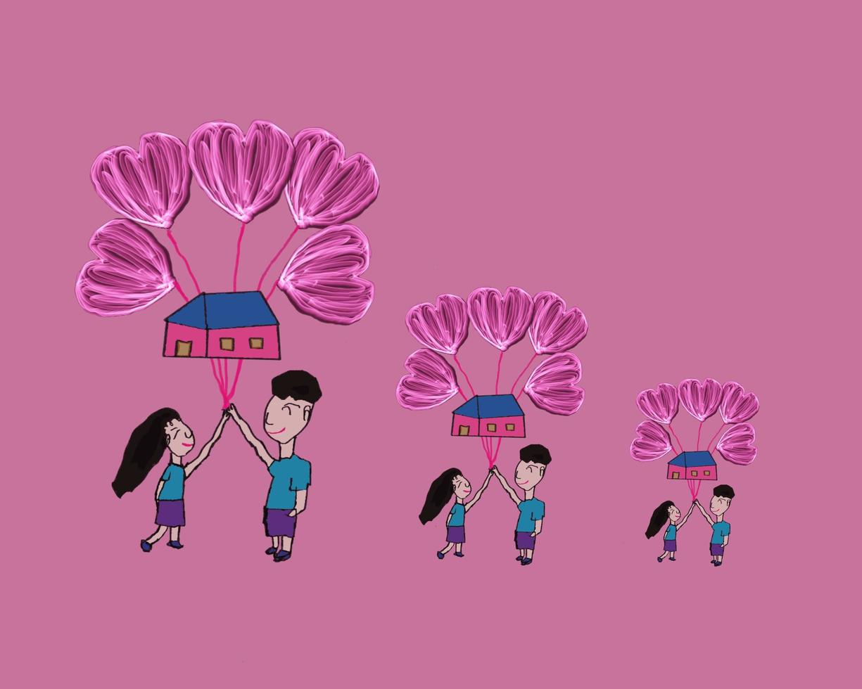 cute couple with heart shaped balloon illustration background photo