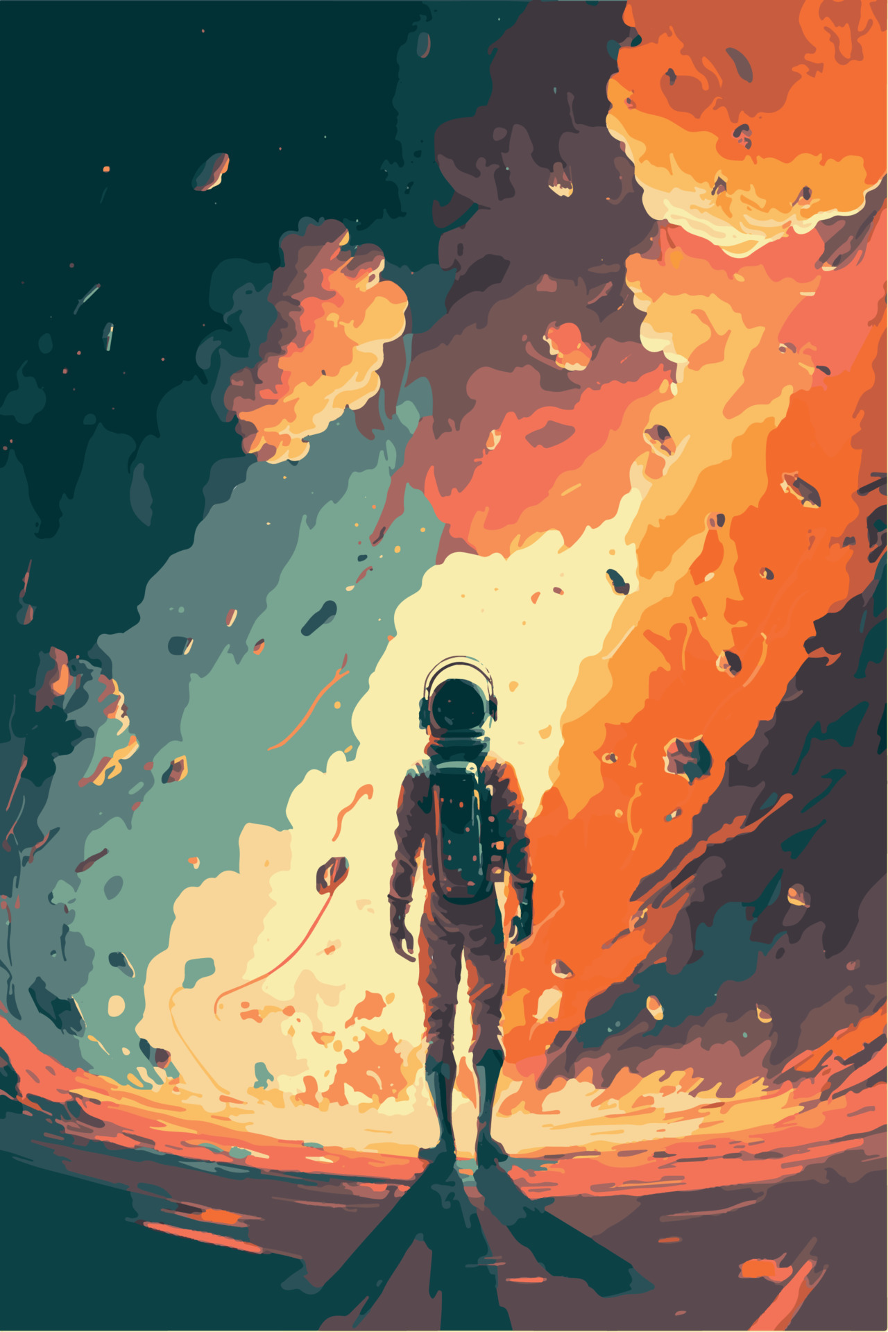 Surreal colorful space. Vector art of fantasy astronaut in space. Science fiction concept art