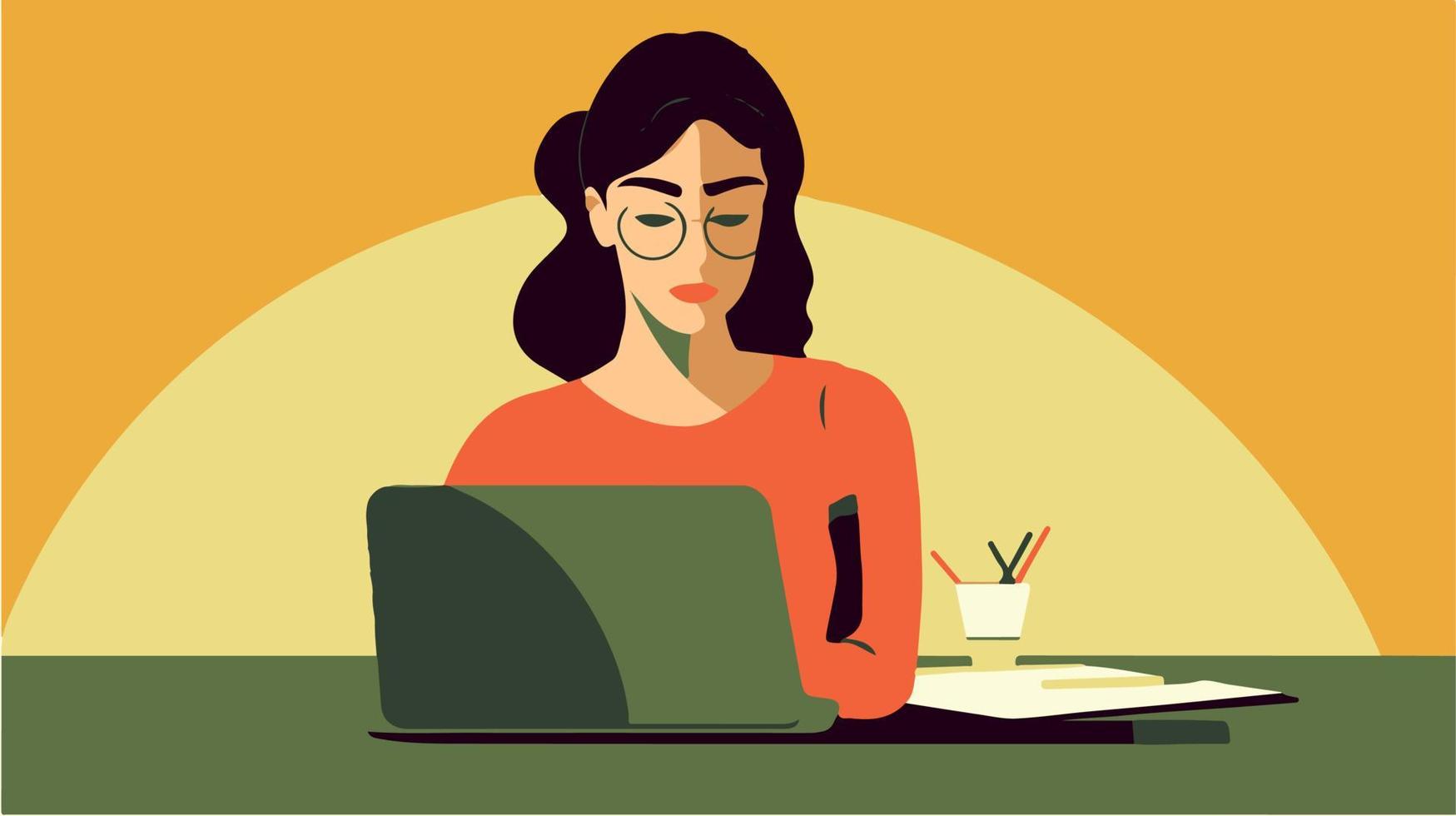 Woman working on her laptop. Trendy workplace vector illustration. Flat graphic design