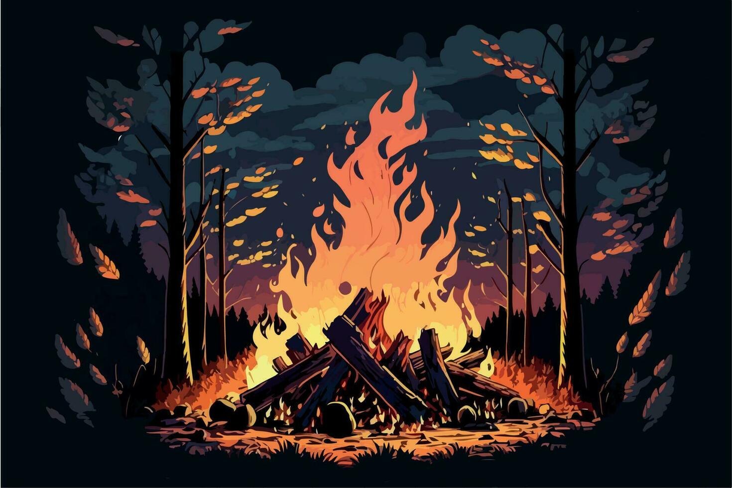 Campfire in the forest in the night. Vector illustration of fire in nature. Traveling illustration