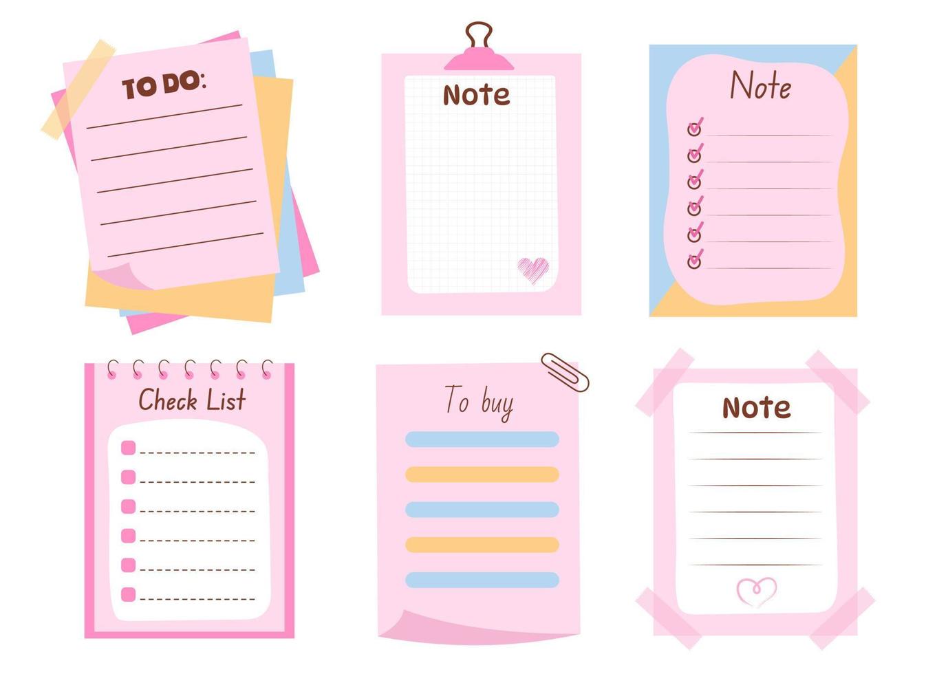 conjunto de linda rosado memorándum papel hojas, pegajoso nota, recordatorio, a hacer lista. frio diseño para cuadernos, planificadores vector