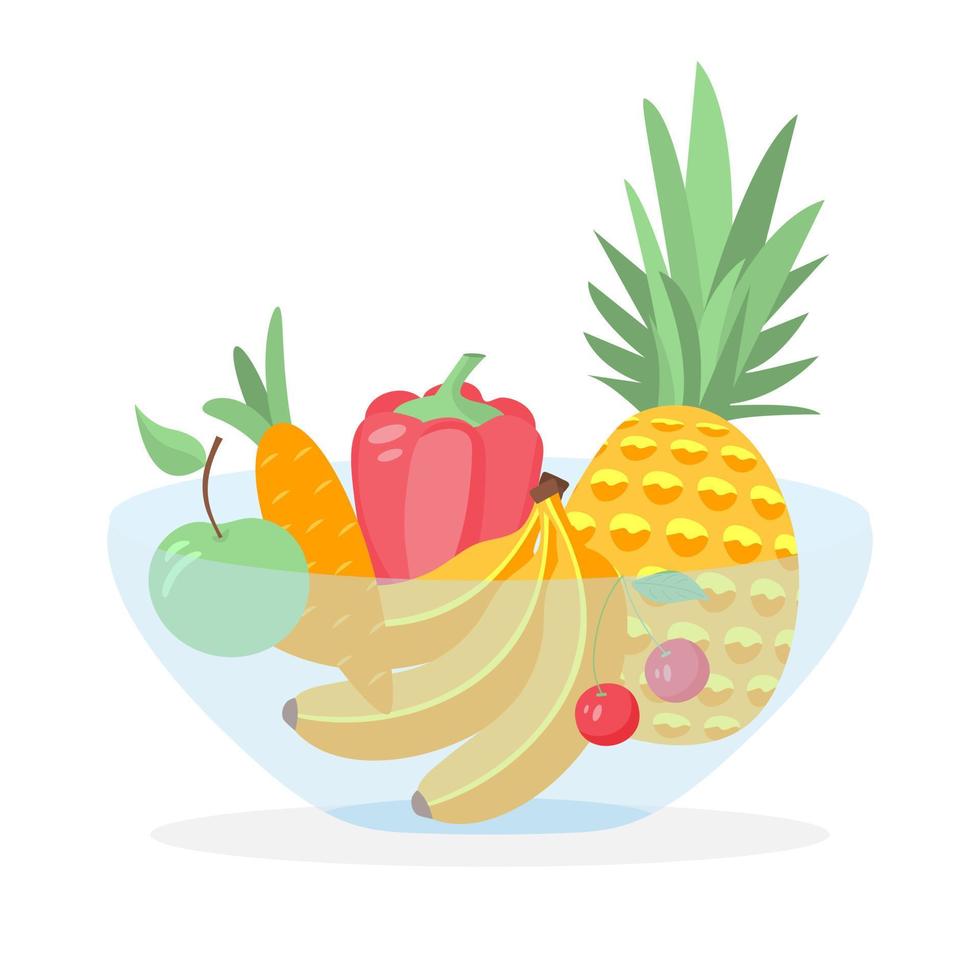 Bowl with fresh vegetables and fruits. Healthy food. vector