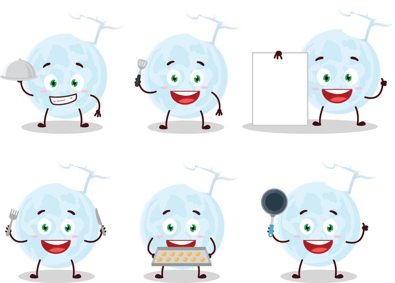 dibujos animados personaje de azul Luna con varios cocinero emoticones vector