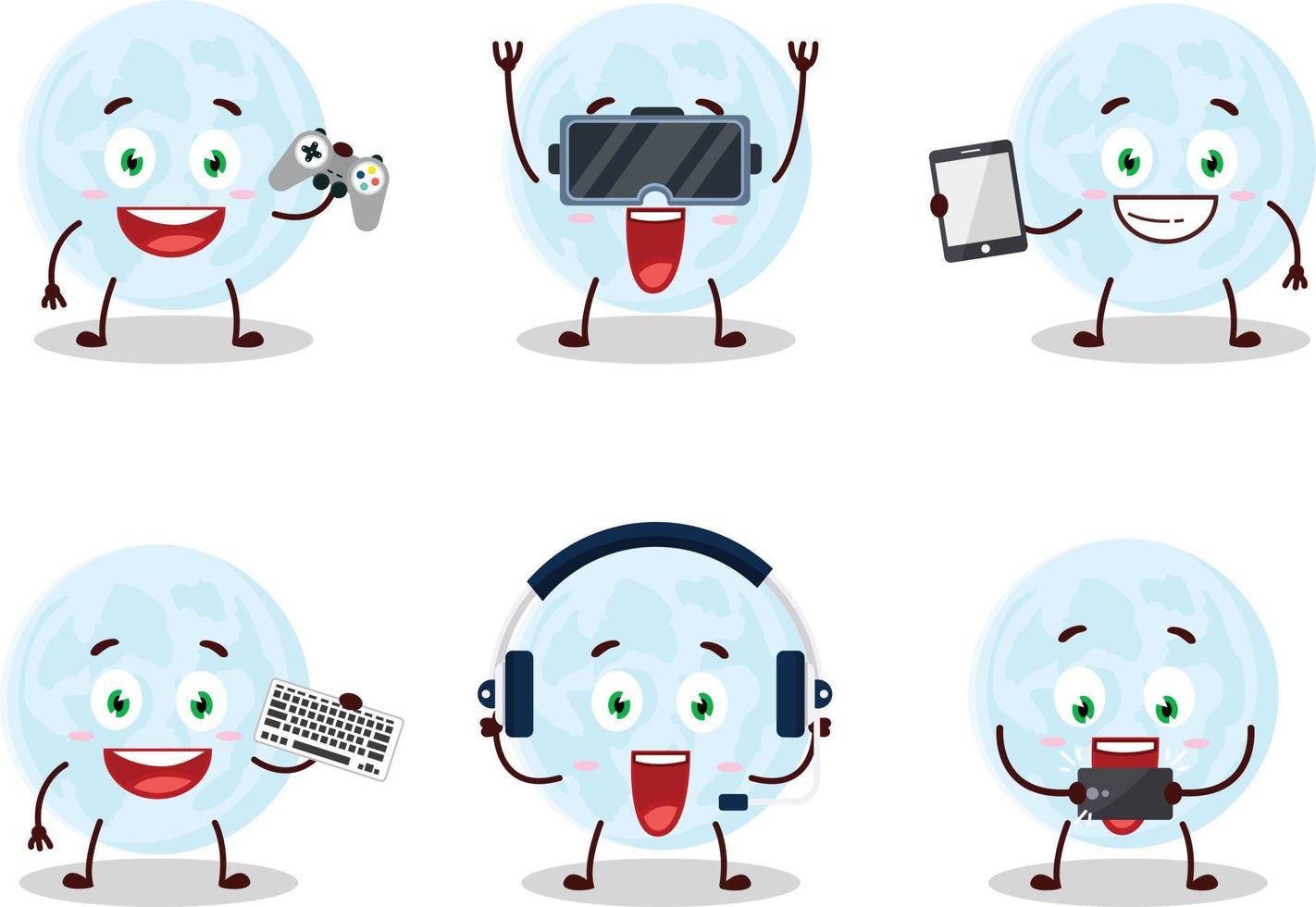 Blue moon cartoon character are playing games with various cute emoticons vector