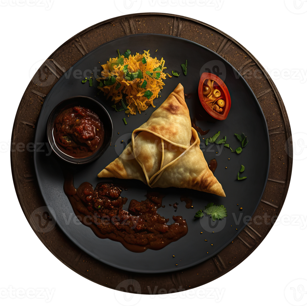 Samosa on a plate with sauce and tomatoes png