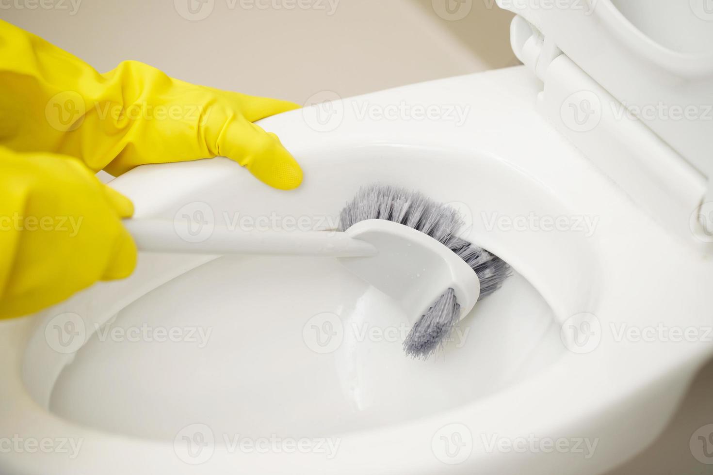 amas de casa utilizar un cepillo a limpiar el baño a eliminar suciedad y tomar cuidado de sanitario mercancía. foto
