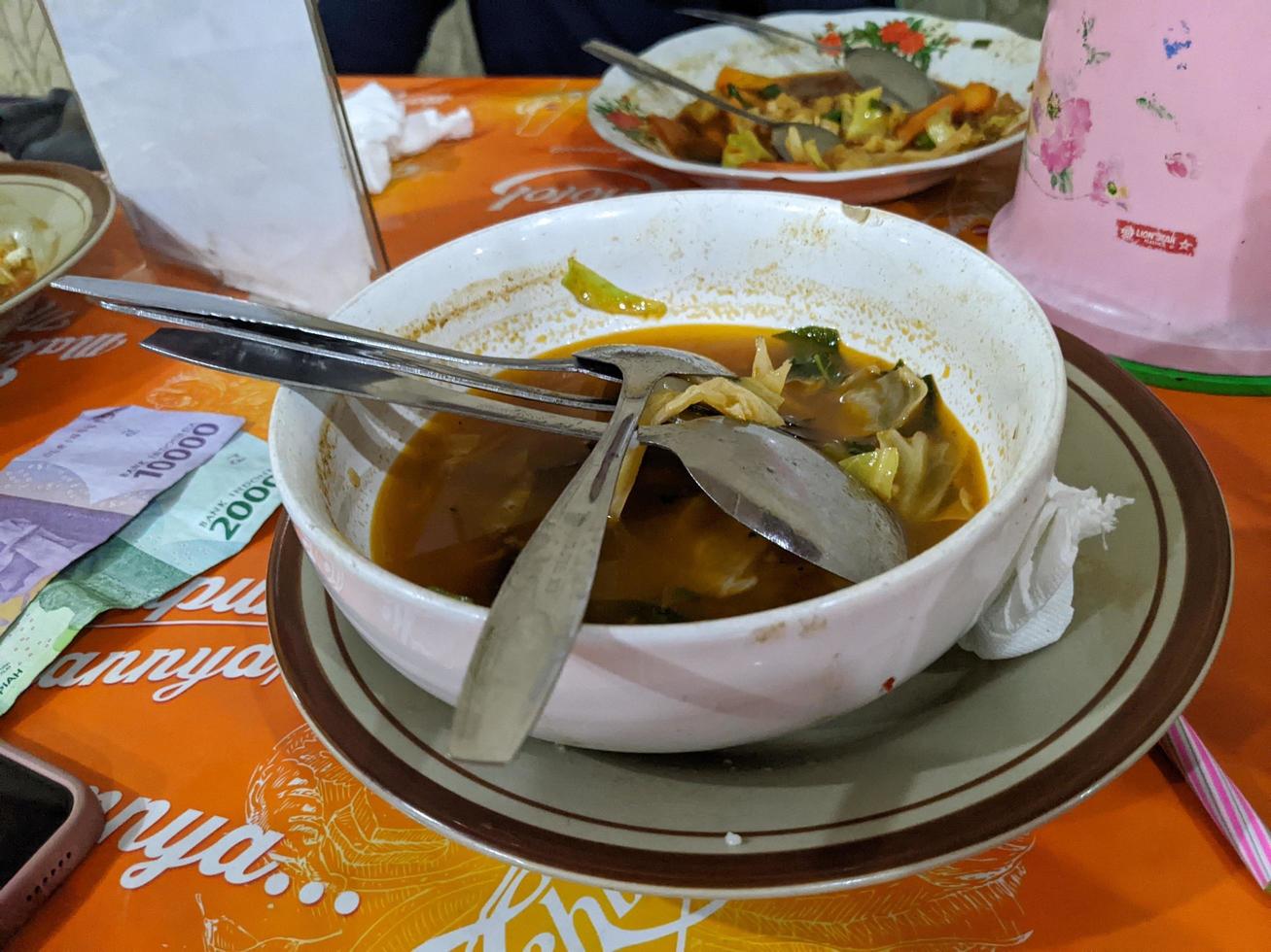 Plate and bowl after finish dinner on the traditional restaurant. The photo is suitable to use for food background, poster and food content media.