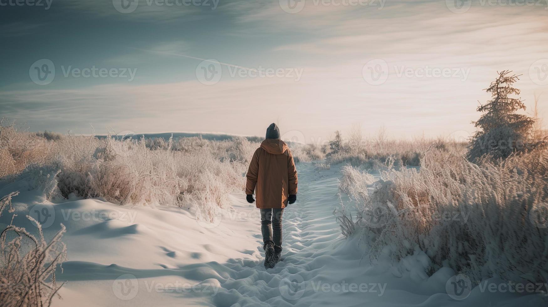 Hiker with backpack walking on snowy trail in winter mountains. Travel and adventure concept.Winter landscape photo