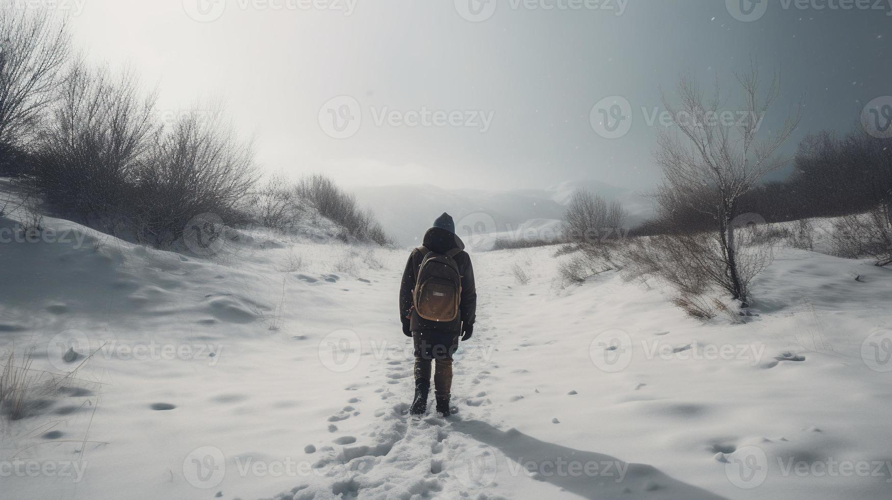 Hiker with backpack walking on snowy trail in winter mountains. Travel and adventure concept.Winter landscape photo