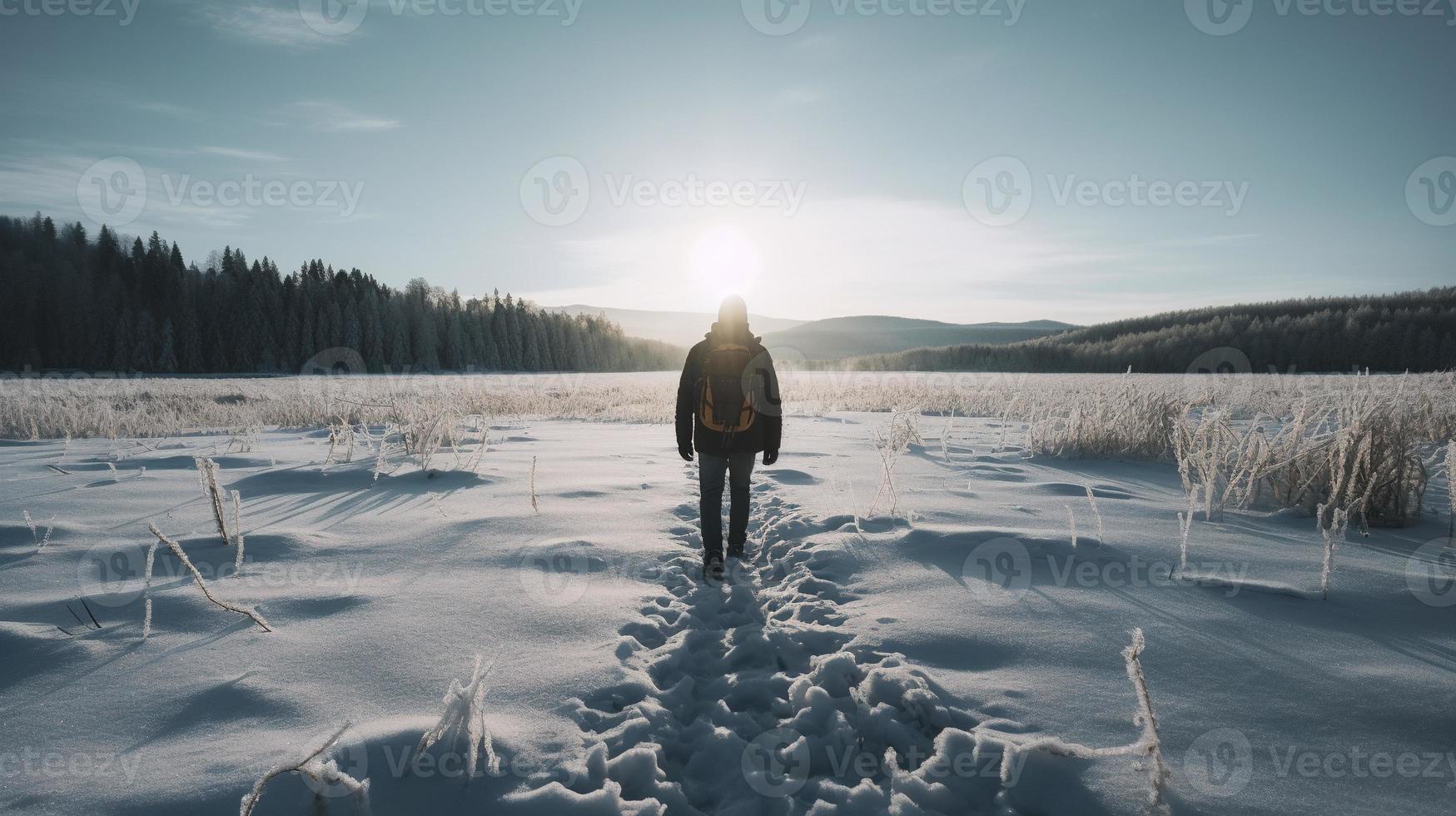 Hiker with backpack walking on snowy trail in winter mountains. Travel and adventure concept.Winter landscape photo