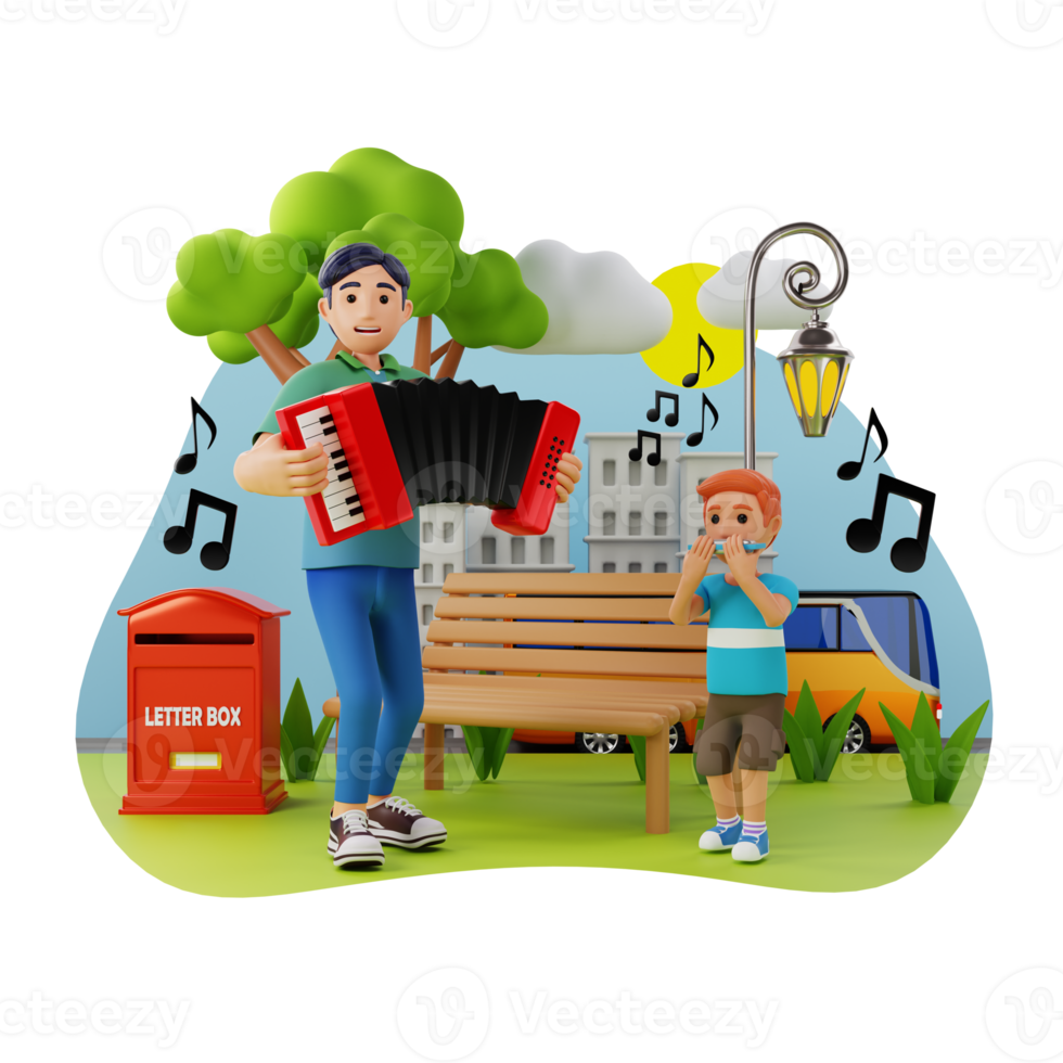 Accordion Player And Harmonica Player 3D Character illustration png