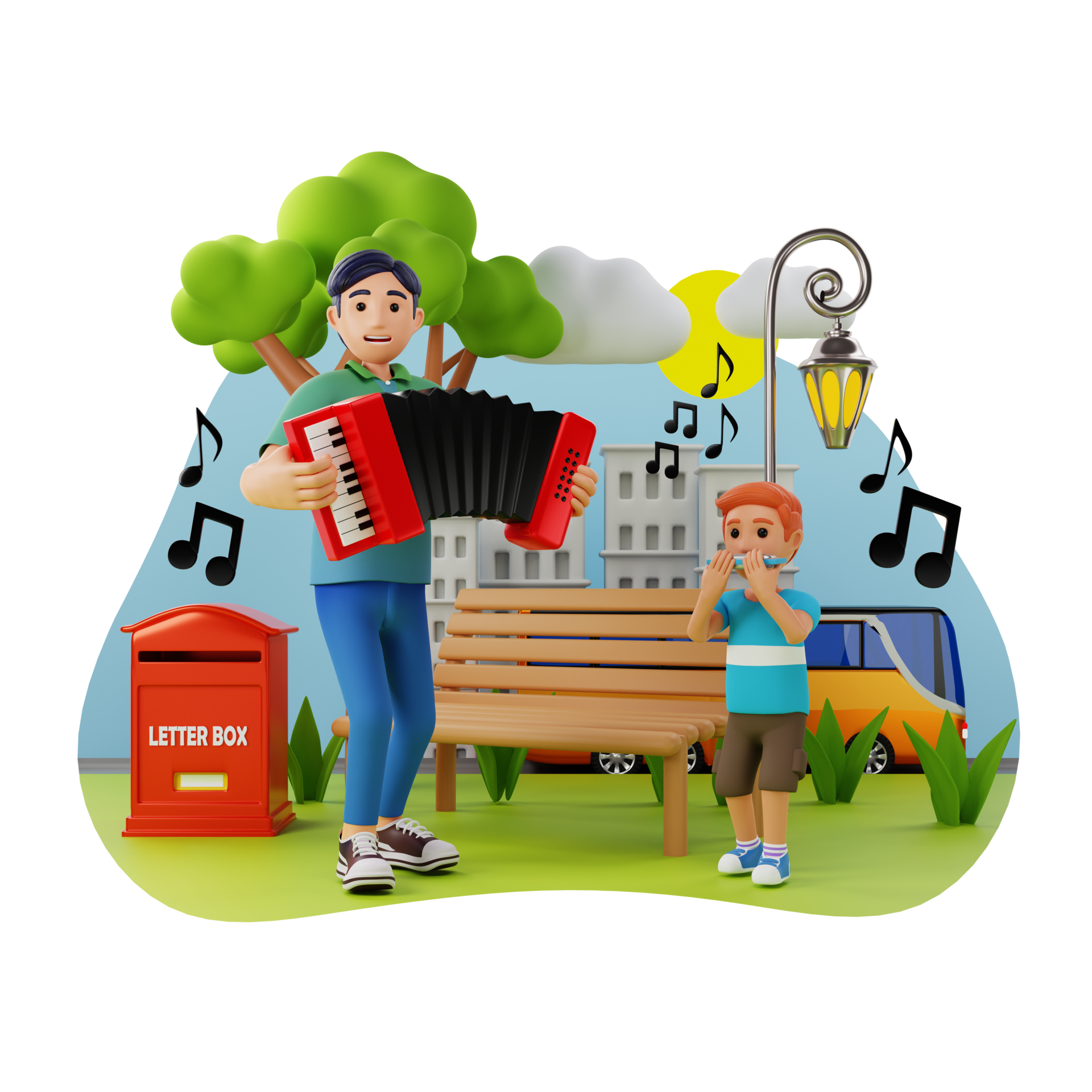 Accordion Player And Harmonica Player 3D Character illustration