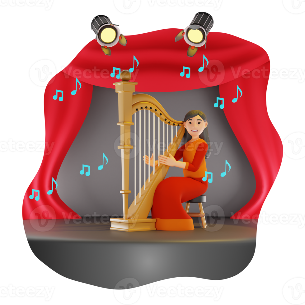 Girl Playing Harp 3D Character Illustration png