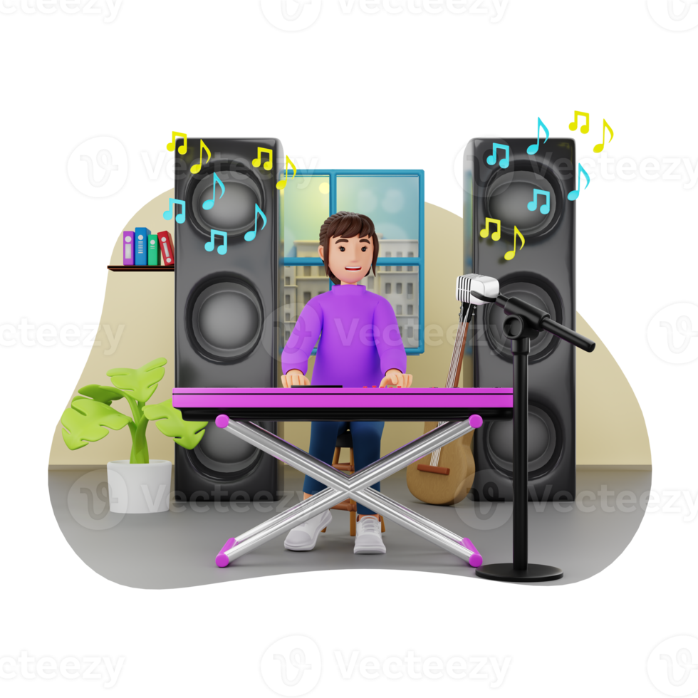 Woman Playing Synthesizer 3D Character Illustration png