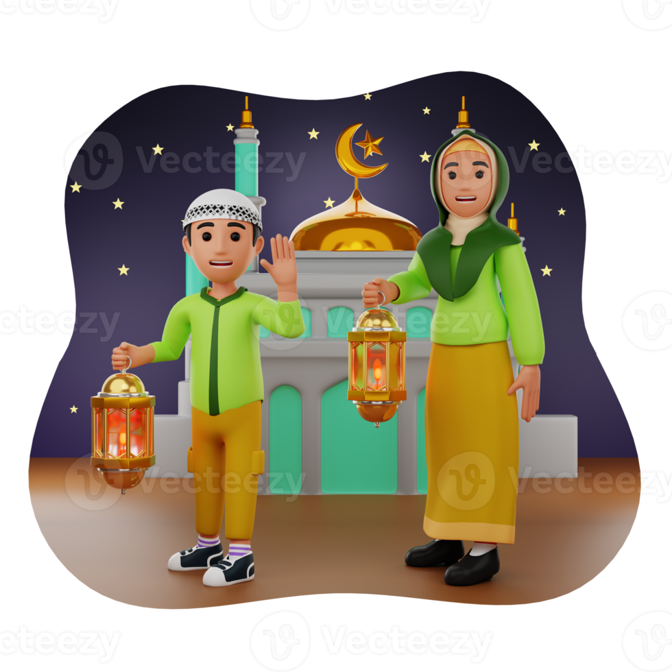 Kids Playing Arabian Lantern 3D Character Illustration png