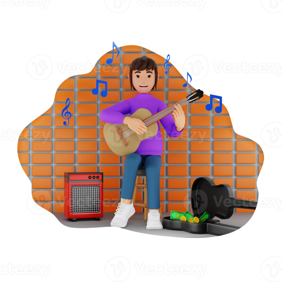 gata musiker med gitarr 3d karaktär illustration png