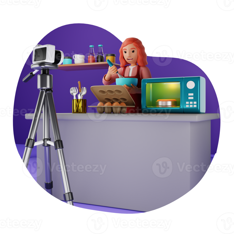 hembra comida vlogger haciendo disparo receta tutorial, 3d personaje ilustración png