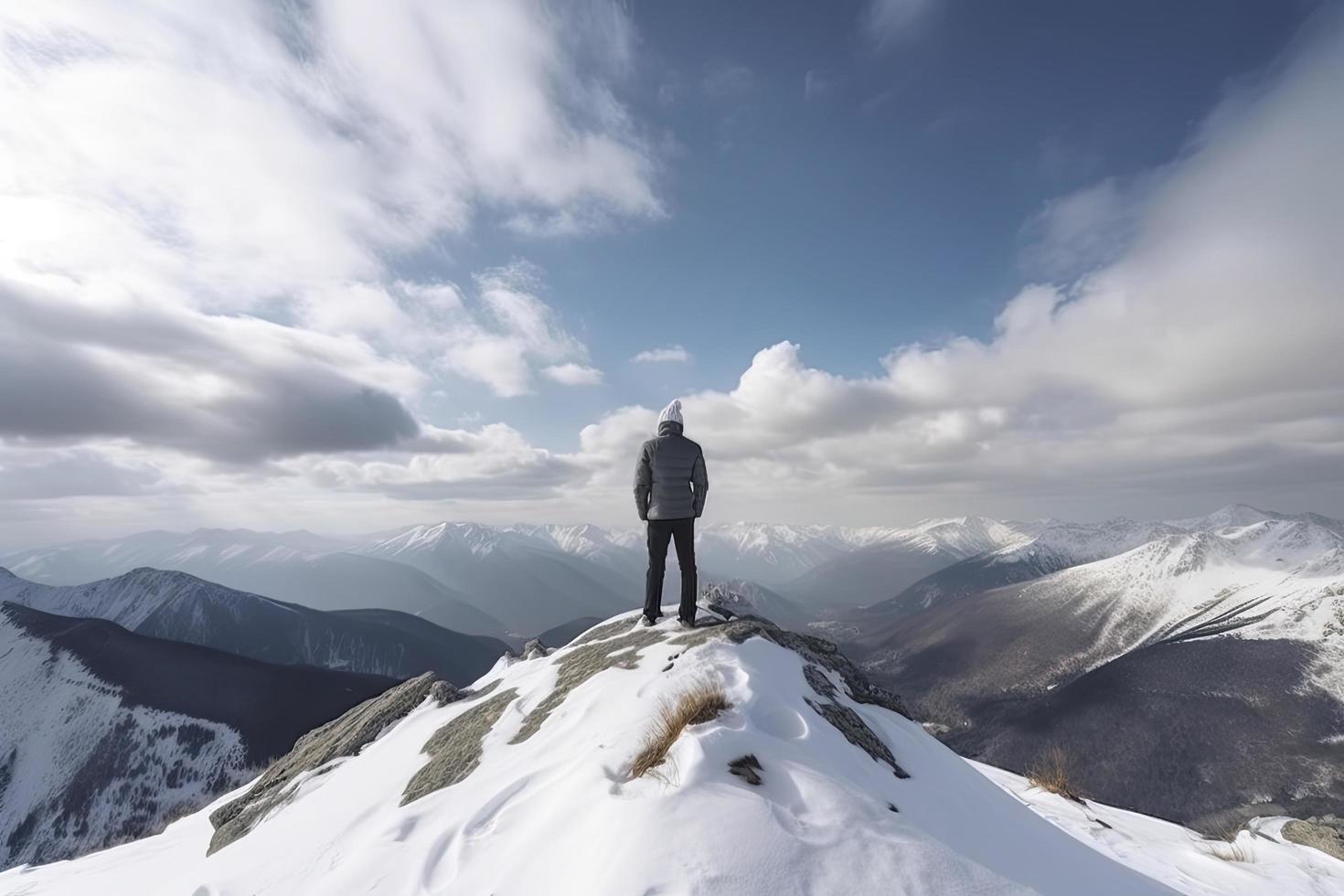 Man standing on the top of a snowcapped mountain peak. Panoramic view photo