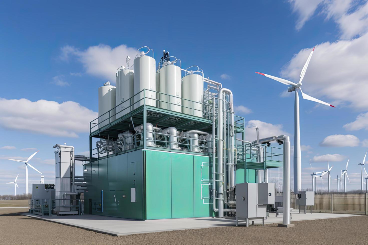 Green Hydrogen renewable energy production facility - green hydrogen gas for clean electricity solar and windturbine facility photo