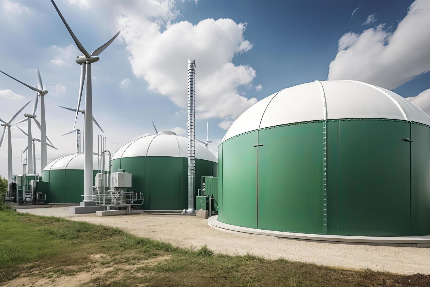 Green Hydrogen renewable energy production facility - green hydrogen gas for clean electricity solar and windturbine facility photo