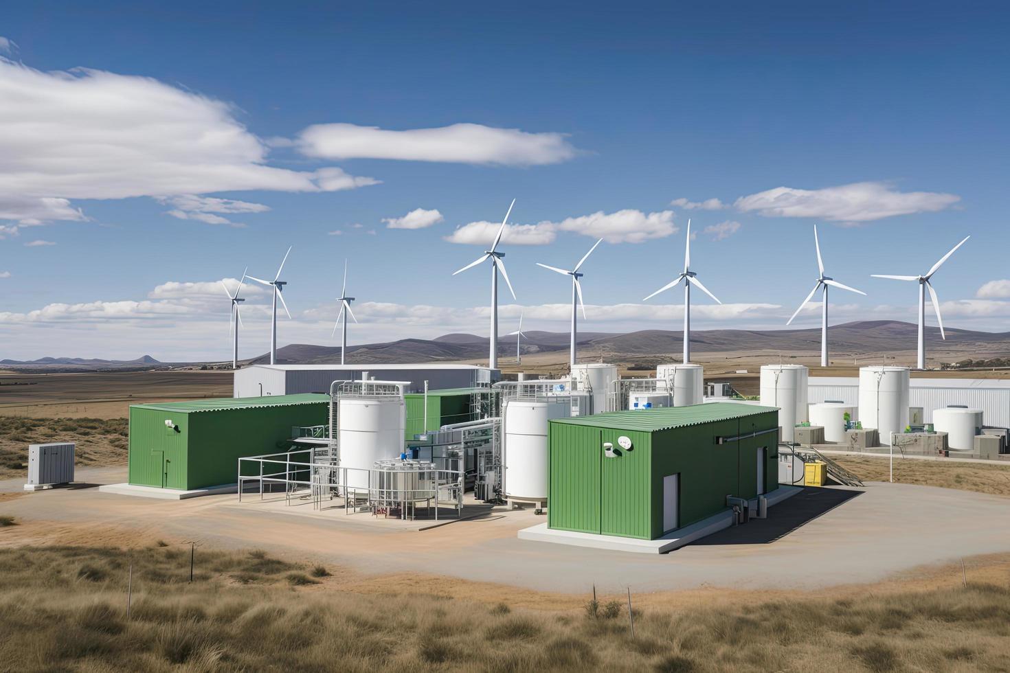 Green Hydrogen renewable energy production facility - green hydrogen gas for clean electricity solar and windturbine facility photo