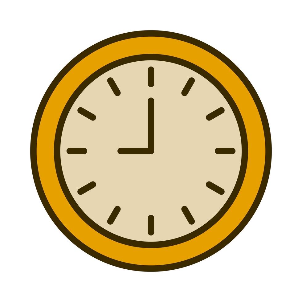 round shape wall clock with filled outline style. showing nine o' clock. isolated on white background. vector illustration.