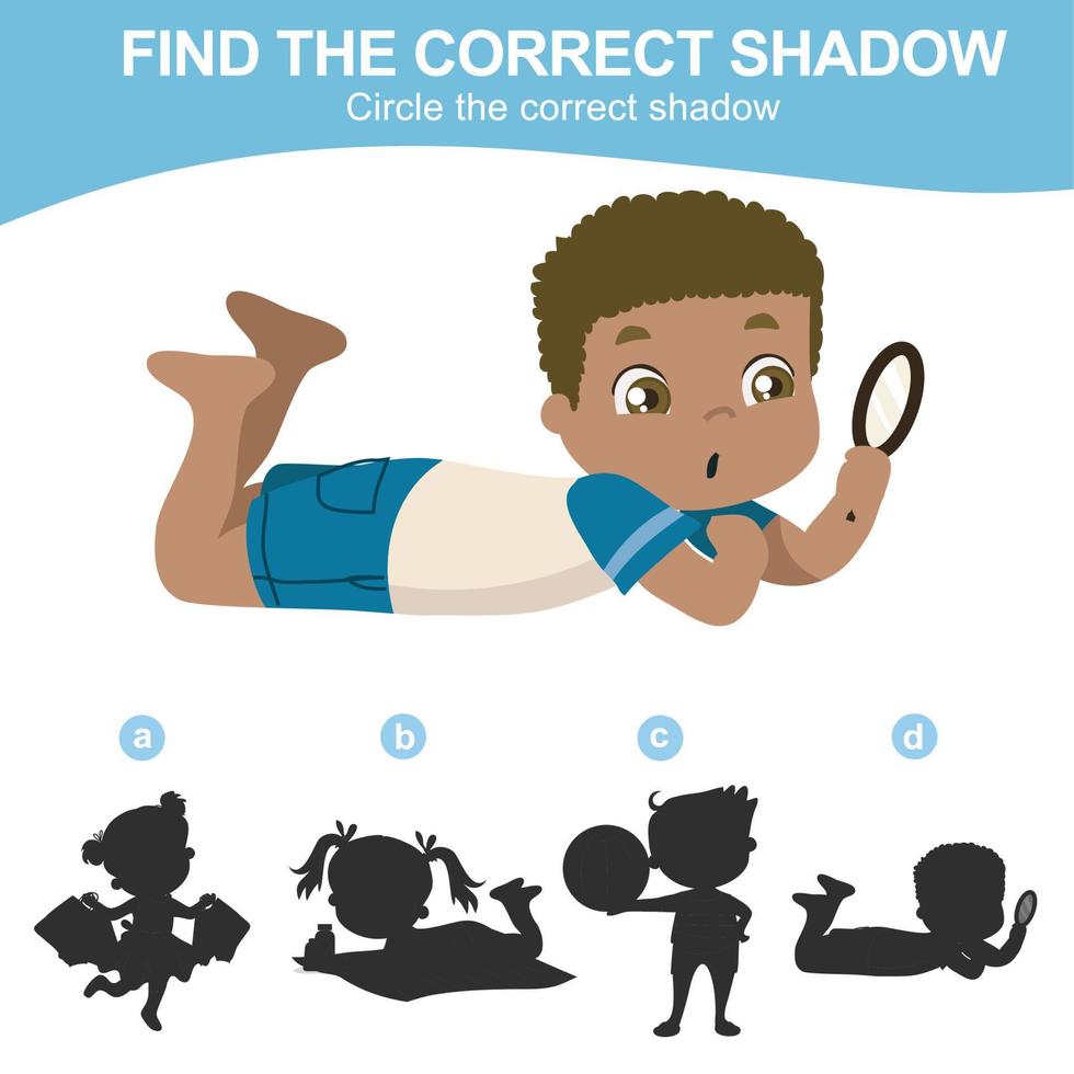 Find the correct shadow. Matching shadow game for children. Worksheet for kid. Educational printable worksheet. Vector illustration.