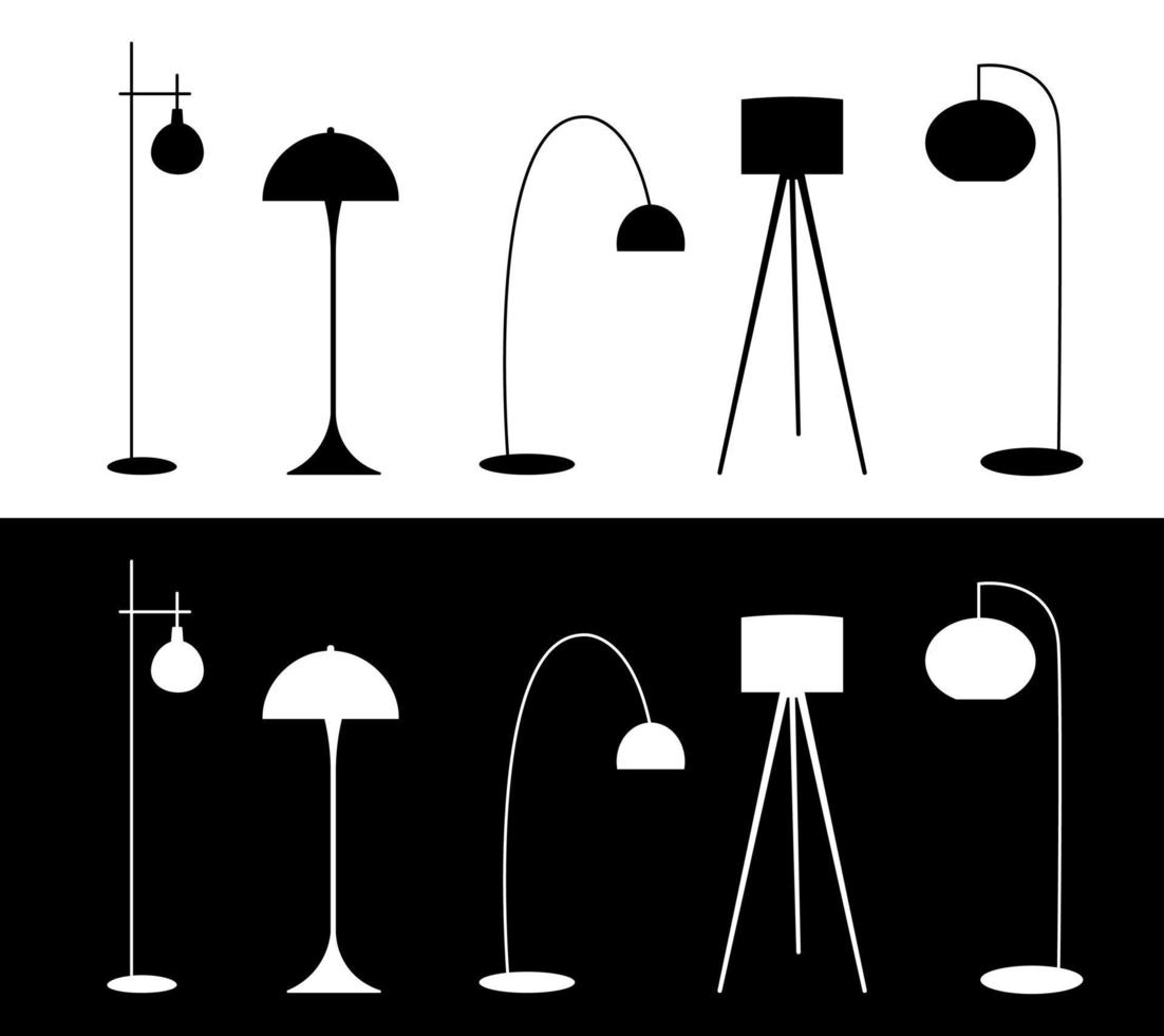 Set of different floor lamps black on white background and white on black background. Vector illustration.