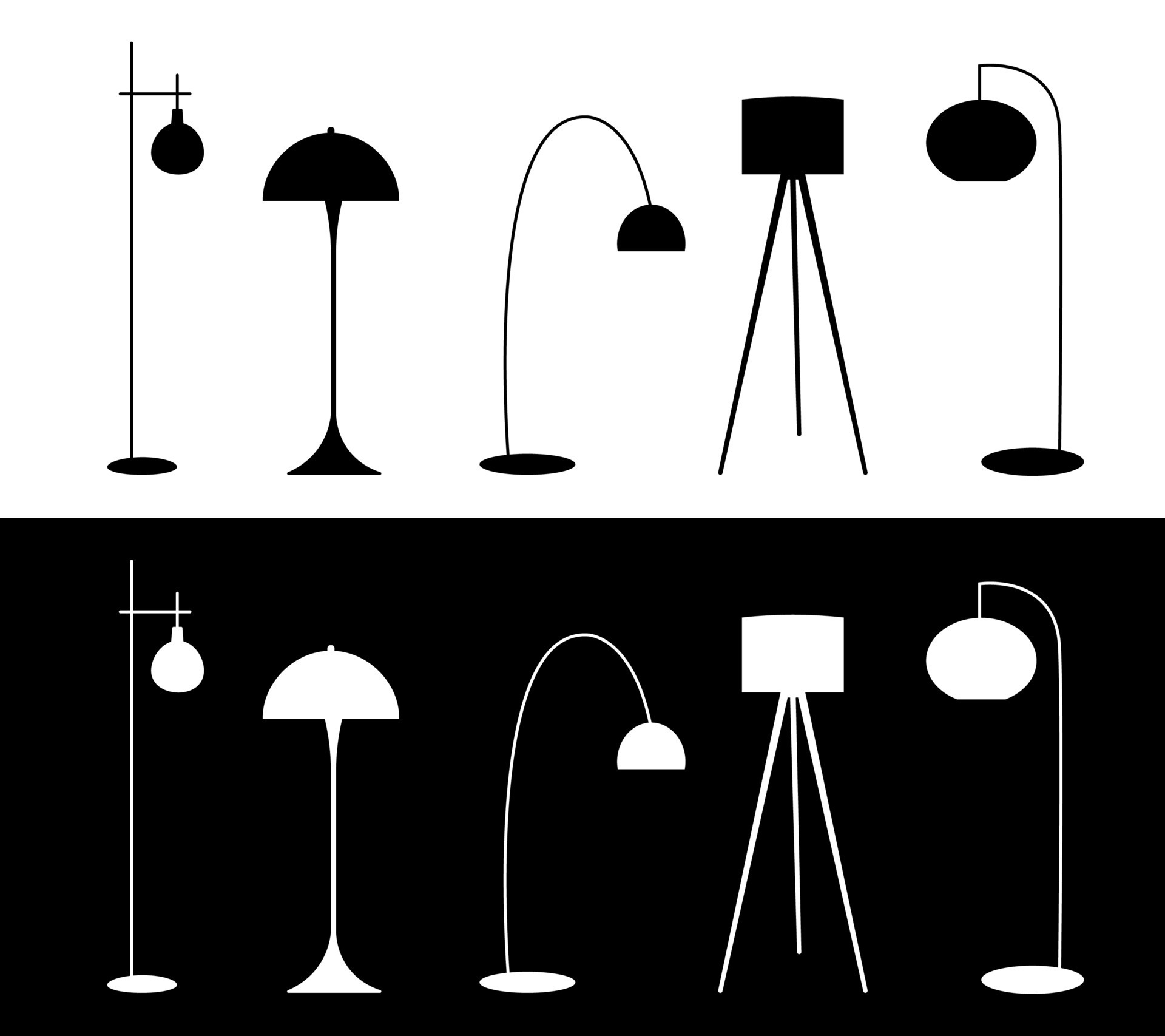 Set of different floor lamps black on white background and white on