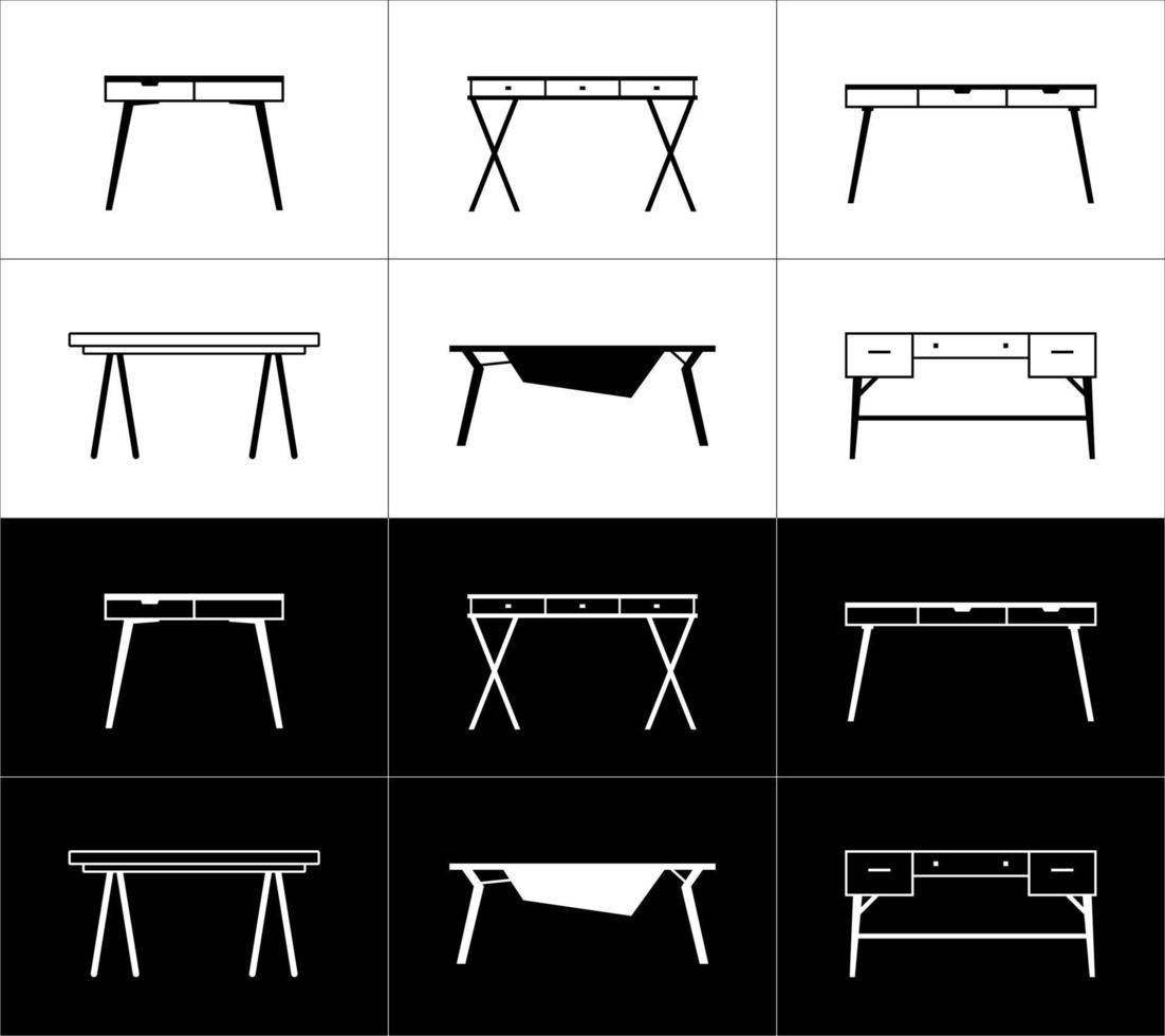 mueble contorno íconos colocar. escritorios blanco en un negro antecedentes y negro en un blanco antecedentes. vector