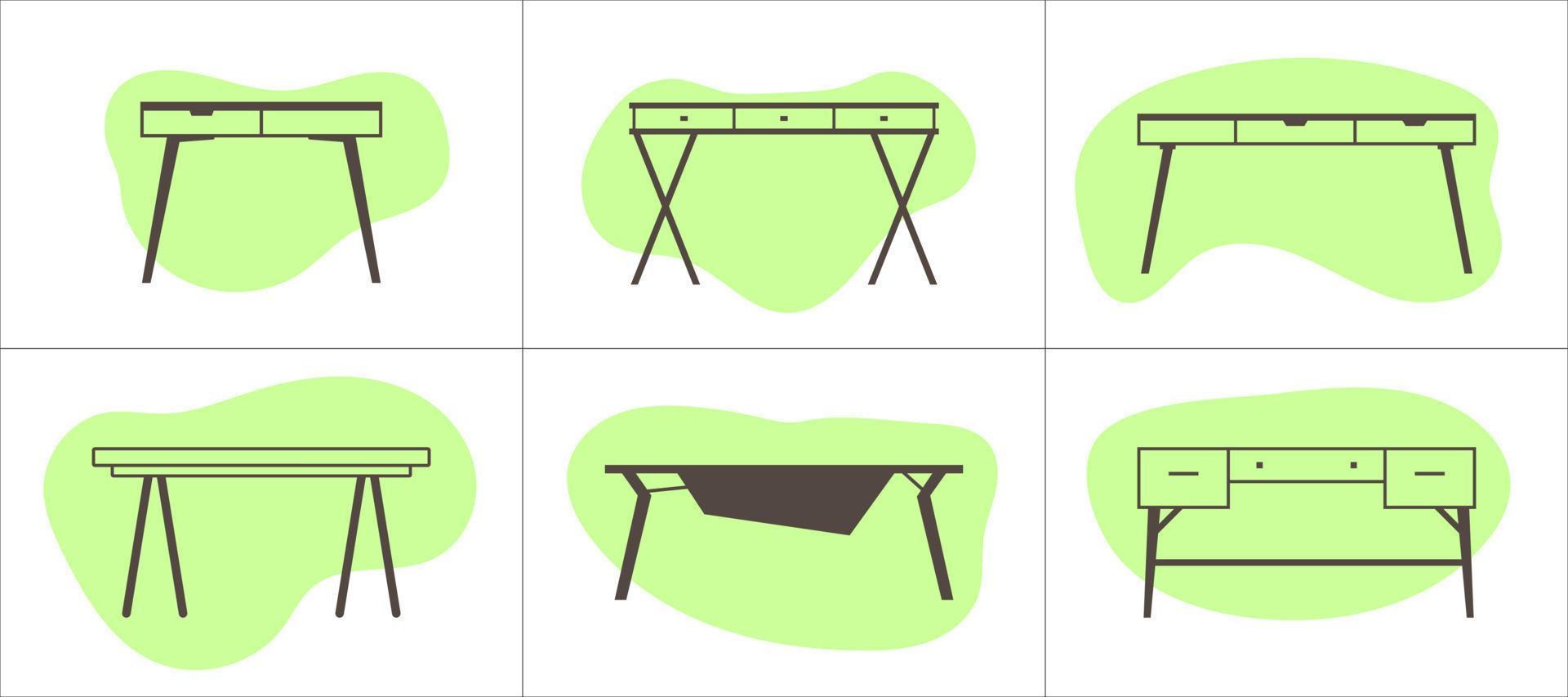 Six furniture outline icons on abstract figures-substrates. Desks vector