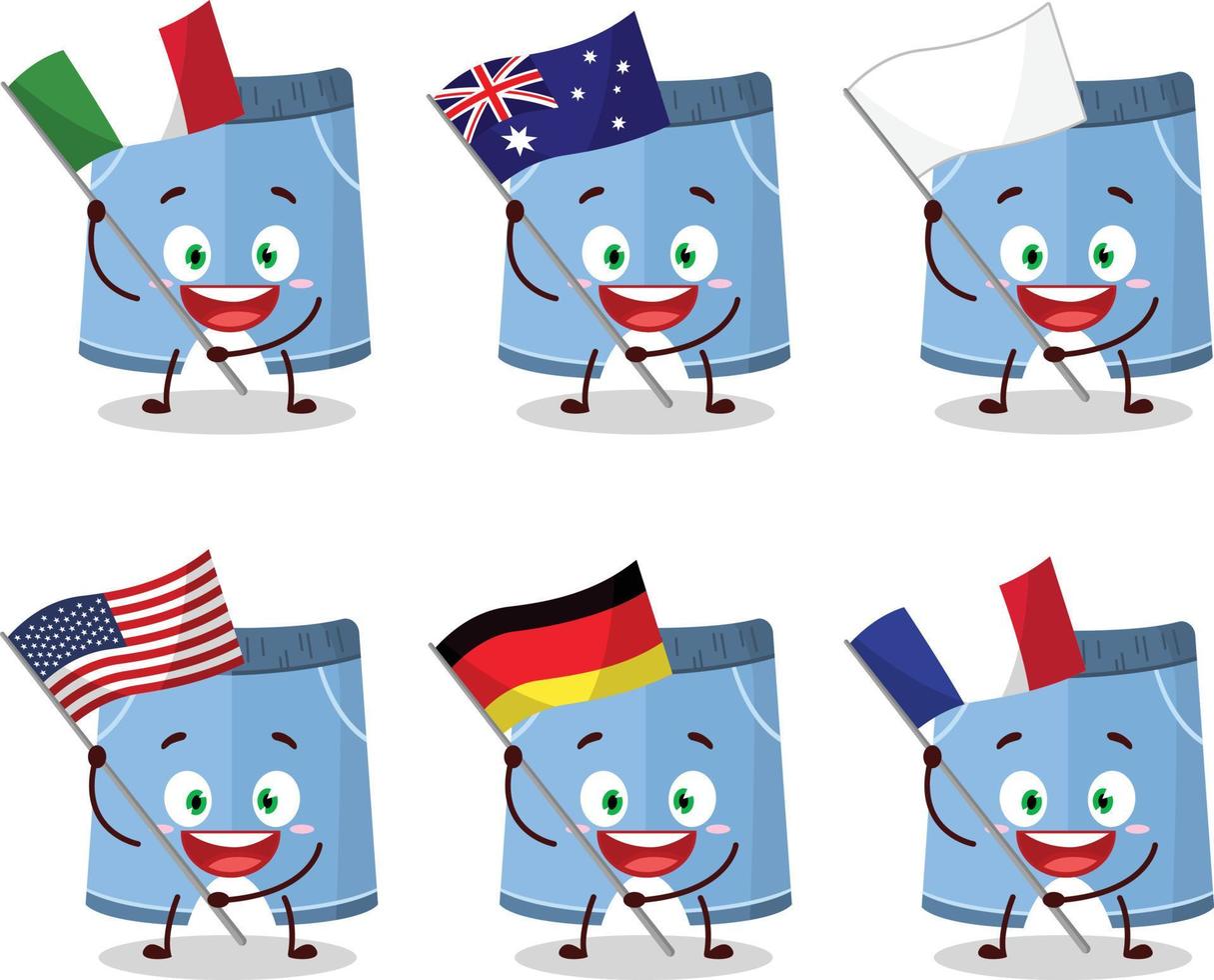 pantalones cortos dibujos animados personaje traer el banderas de varios países vector
